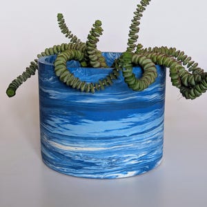 May include: A cylindrical blue and white marbled planter pot with a succulent plant. The pot has a wavy pattern of light and dark blue with white streaks. The succulent has green, stacked, circular leaves.