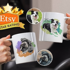 May include: Two white ceramic mugs with personalised pet portraits. The mugs feature watercolour-style backgrounds and the names "Blu" and "Rooster" printed on them.