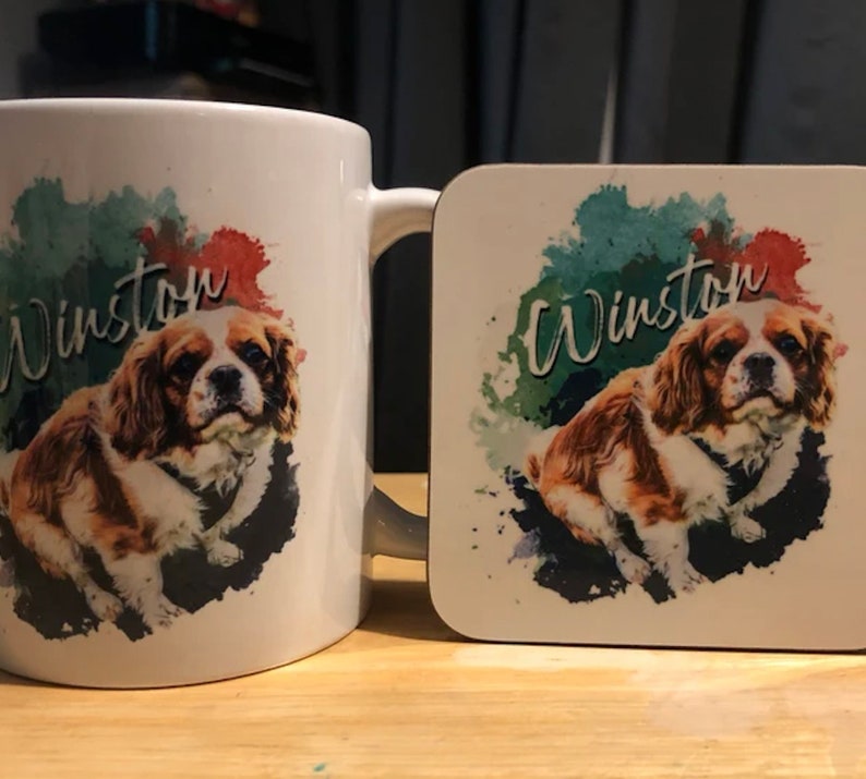May include: White ceramic mug and coaster set with a watercolour design featuring a brown and white dog with the name "Winston" printed on both items.