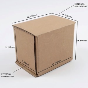 May include: A brown cardboard box with measurements labelled in centimetres. The external dimensions are 11.5 cm high, 10 cm deep, and 13.7 cm wide. The internal dimensions are 10.5 cm high, 9 cm deep, and 10.5 cm wide.