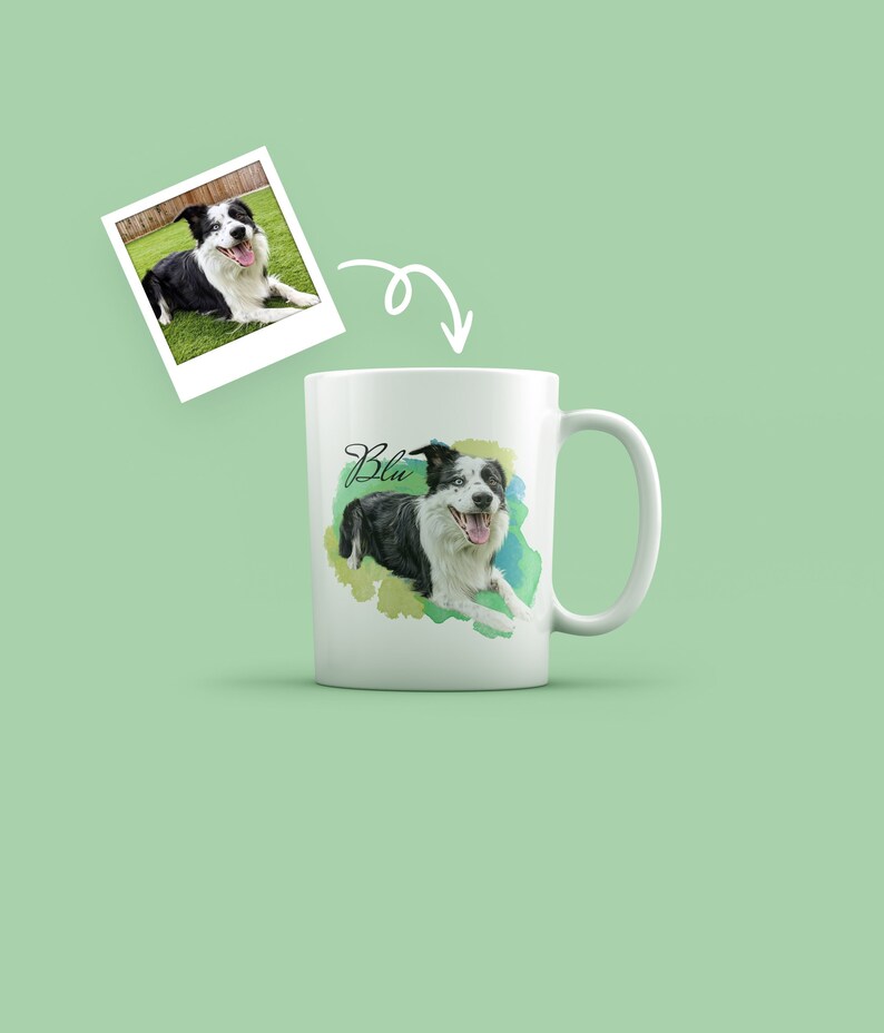 May include: White ceramic mug featuring a watercolour-style image of a black and white dog with green and blue accents. The dog's name, "Blu", is written in cursive on the mug.