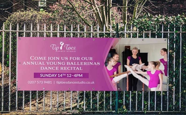 May include: A pink banner with the text "Tip Toes Dance Studio" and the words "Come join us for our annual young ballerinas dance recital" with the date and time "Sunday 14th 12-4pm" and the phone number and website "0207 573 9481 | tiptoesdancestudio.co.uk". The banner features a photo of young ballerinas in a dance studio.