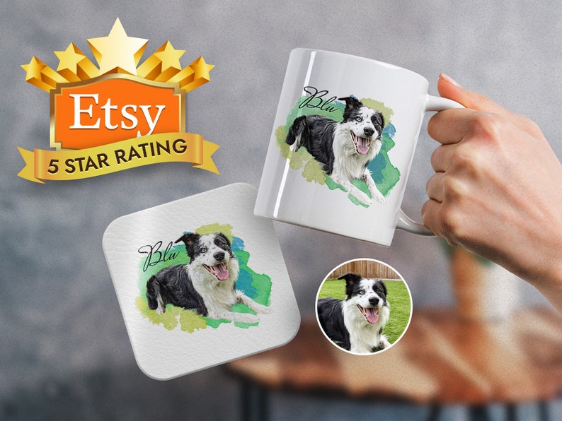 May include: A white ceramic mug featuring a watercolour illustration of a black and white border collie dog with blue eyes. The dog's name "Blu" is written in cursive on the mug. The mug is being held by a hand.