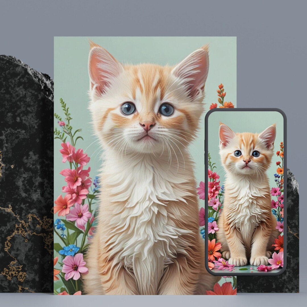 Cute Floral Cat Digital Wall Art - Cute Ginger Cat Kitten Printable ...
