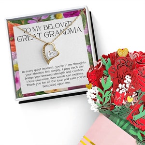 Collar de corazón con mensaje para mi querida bisabuela, ramo de flores, regalo para la bisabuela, regalo para la gran nana, collar para la abuela