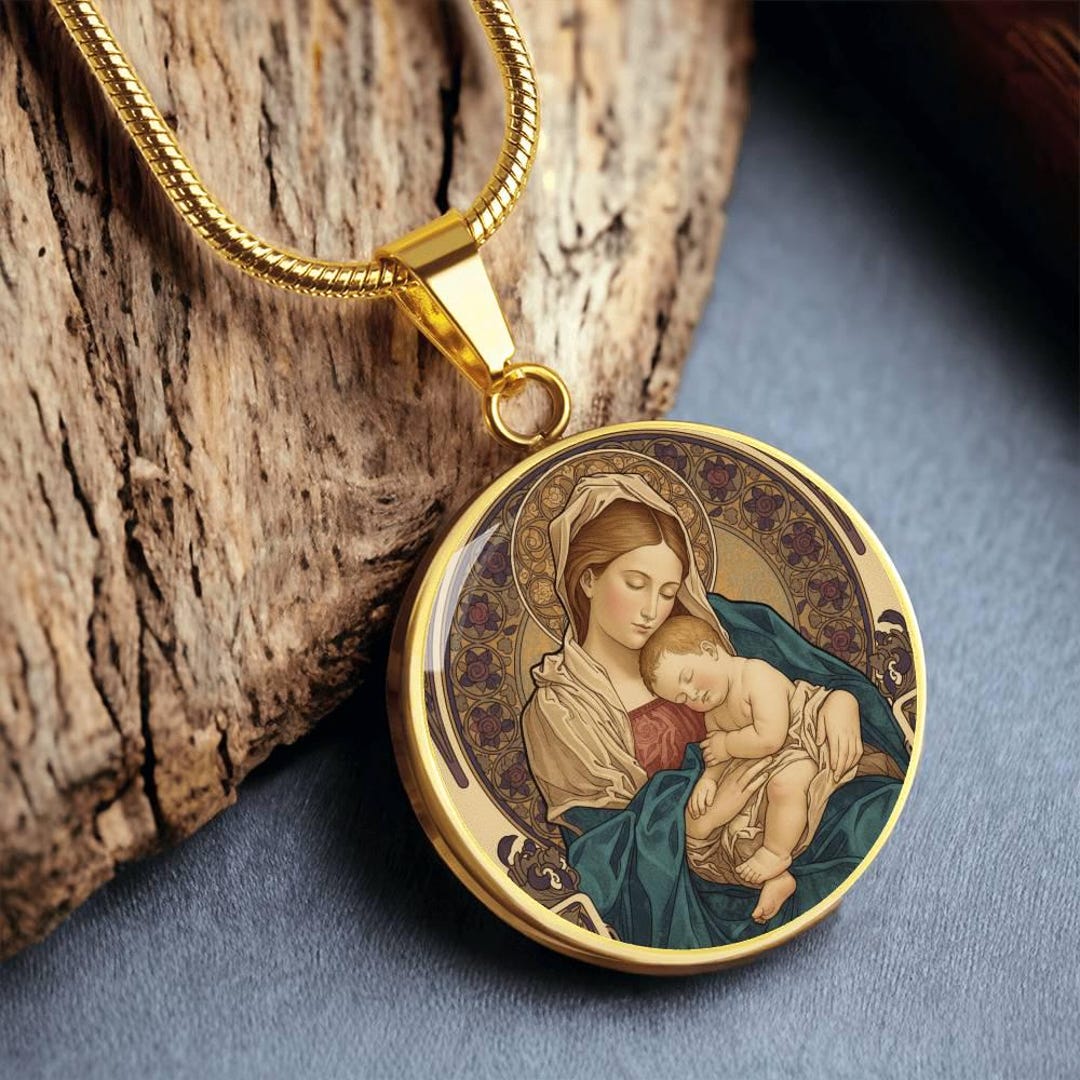 18k Gold Plated Blessed Virgin Mary and Child Jesus Necklace, With ...