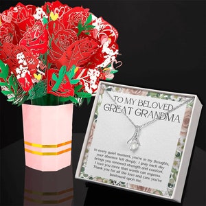 Collar para mi amada bisabuela con tarjeta con mensaje de rosas y ramo de flores. Regalo para la bisabuela. Regalo para la gran nana. Collar para la abuela.