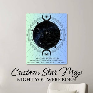Impresión artística de pared de metal con diseño gráfico "Noche en que naciste", mapa estelar personalizado por fecha, impresión de mapa de constelación, regalo de mapa estelar, detalles de nacimiento, impresión celestial