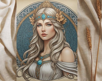 Norse Goddess Freya Art Print - Divine Feminine Digital Wall Art  - Printable Decor - Home and Office Decor - PDF JPG Instant Download