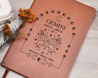 Gemini Astrology Journal Vegan Leather Notebook With Bookmark and Closure Gemini Gift Manifest Journal Shadow Work Celestial Notebook