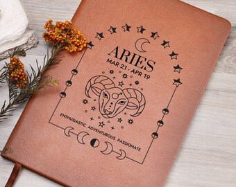 Aries Astrology Journal Vegan Leather Notebook With Bookmark and Closure Aries Gift Manifest Journal Shadow Work Celestial Notebook