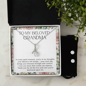 14k Weißgold CZ Kristalle für meine geliebte Oma Verführerische Schönheit Halskette und Ohrringe Geschenkset mit Mitteilungskarte Oma Geschenk Gigi Geschenke
