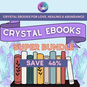 Könnte beinhalten: Ein lila Banner mit dem Text "CRYSTAL EBOOKS SUPER BUNDLE SAVE 46%" über einem Bücherregal mit einer Reihe bunter Bücher. Das Bücherregal ist mit kristallartigen Formen verziert.