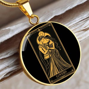 18K Gold Plated The Lovers Tarot Card Necklace, Custom Gold Tarot Necklace with Engraving Option, Witchy Gift for Her, Tarot Jewelry