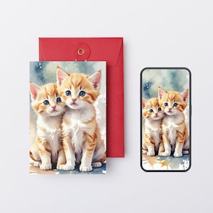 Watercolor Cat Wall Art - Couple Ginger Kittens - Cat Lover Digital Art - Inspiring Cat - Downloadable Cat Prints 3 Sizes + Phone Wallpaper