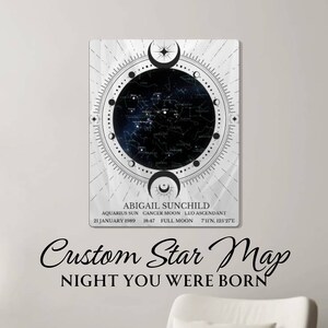 Impresión artística de pared de metal con diseño gráfico "Noche en que naciste", mapa estelar personalizado, impresión de mapa de constelaciones, regalo de mapa estelar, detalles de nacimiento, impresión minimalista