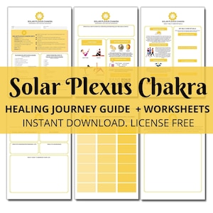 Puede incluir: Una guía imprimible amarilla y blanca con el texto "Solar Plexus Chakra Healing Journey Guide + Worksheets Instant Download. License Free". La guía incluye información sobre el chakra del plexo solar, rituales de autocuidado y hojas de trabajo.
