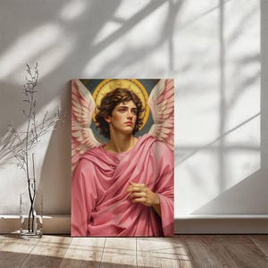 Arte en lienzo Art Nouveau con aura angelical del Arcángel Chamuel - Energía divina del Arcángel - Lienzo envuelto en galería en 3 tamaños - Decoración espiritual para el hogar