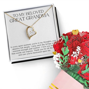 Collar de corazón con mensaje para mi querida bisabuela, ramo de flores, regalo para la bisabuela, regalo para la gran nana, collar para la abuela