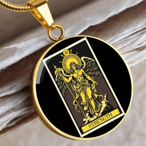 18K Gold Plated The Strength Tarot Card Necklace, Custom Gold Tarot Necklace with Engraving Option, Witchy Gift for Her, Tarot Jewelry