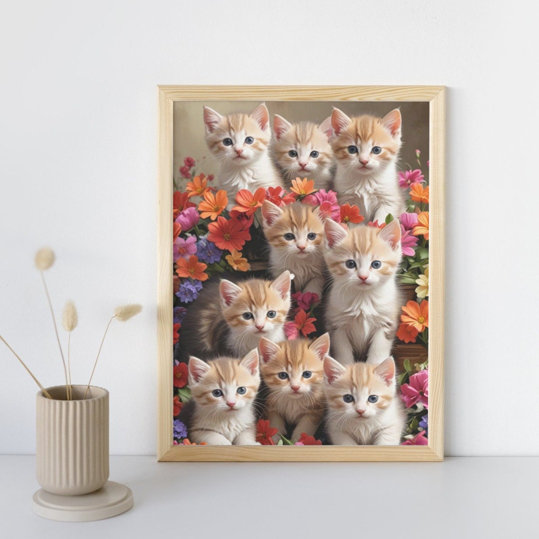 Cute Floral Cat Digital Wall Art - Group of Cute Kittens - Downloadable ...