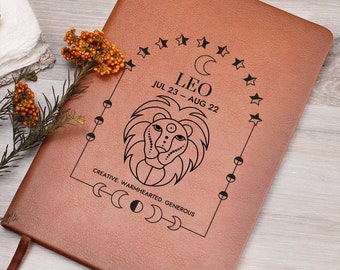 Leo Astrology Journal Vegan Leather Notebook With Bookmark and Closure Leo Gift Manifest Journal Shadow Work Celestial Notebook