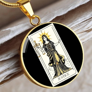 18K Gold Plated The Justice Tarot Card Necklace, Custom Gold Tarot Necklace with Engraving Option, Witchy Gift for Her, Tarot Jewelry