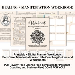May include: A printable workbook with a beige background and black text. The title is "Healing + Manifestation Workbook". The workbook includes a variety of worksheets and activities for self-care, healing, and manifestation. The workbook is designed to help people create a more fulfilling and meaningful life.
