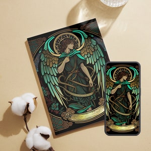 May include: A black and green phone case with a graphic of an angel with wings and a halo. The angel is wearing a green robe and has a gold belt. The background is a dark green and gold pattern.