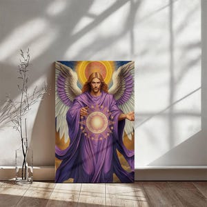 Arte en lienzo Art Nouveau con aura angelical del Arcángel Metatrón - Energía divina del Arcángel - Lienzo envuelto en galería en 3 tamaños - Decoración espiritual para el hogar