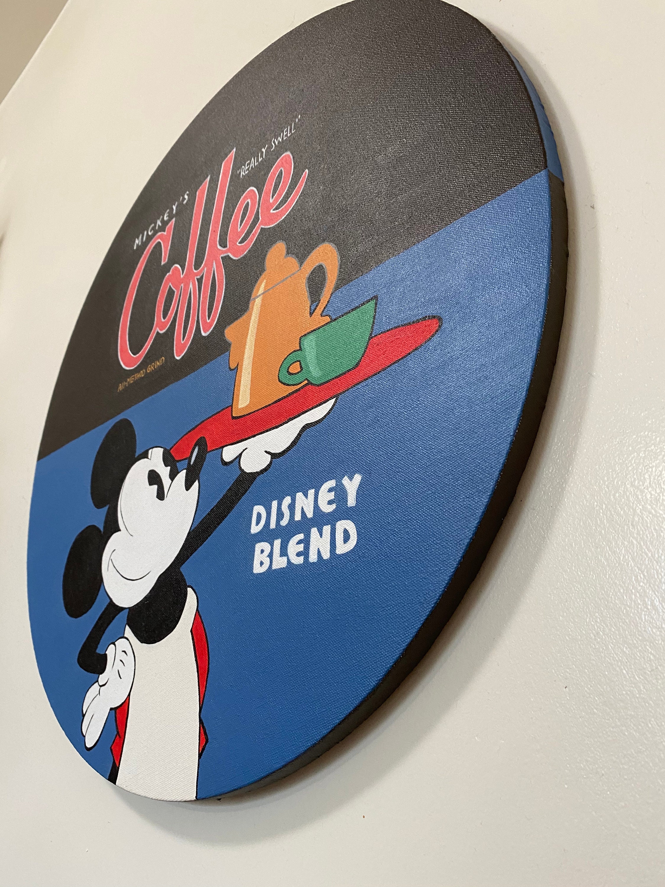 Mickey Mouse Coffee Painting Recreation/ Disney Artwork, Round 20 In.  Canvas, Vintage Mickey, Disneyland, Wall Decoration 