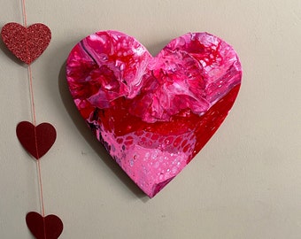 I Heart You, Valentine Abstract Heart Painting, Fluid Art Red Pink