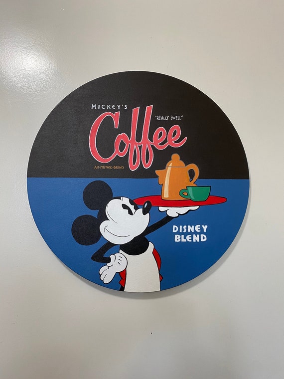 Mickey Mouse Coffee Painting Recreation/ Disney Artwork, Round 20 In.  Canvas, Vintage Mickey, Disneyland, Wall Decoration 