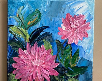 Peinture au couteau à fleurs de dahlia, couteaux, fleurs roses, technique du couteau acrylique, hautement texturé