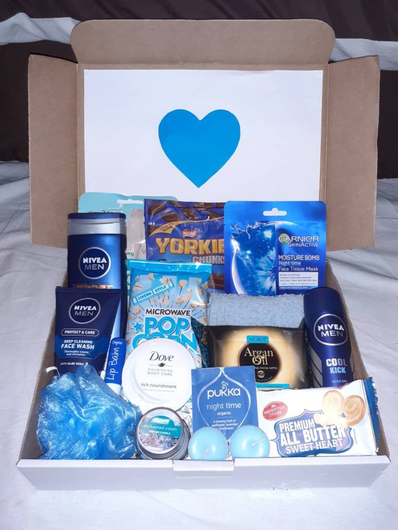 Mens Luxury Blue Relaxing Gift Hamper Father's Day Gift Birthday Pamper Kit Pick Me up Hug In A Box Self-Care Package For Him image 2