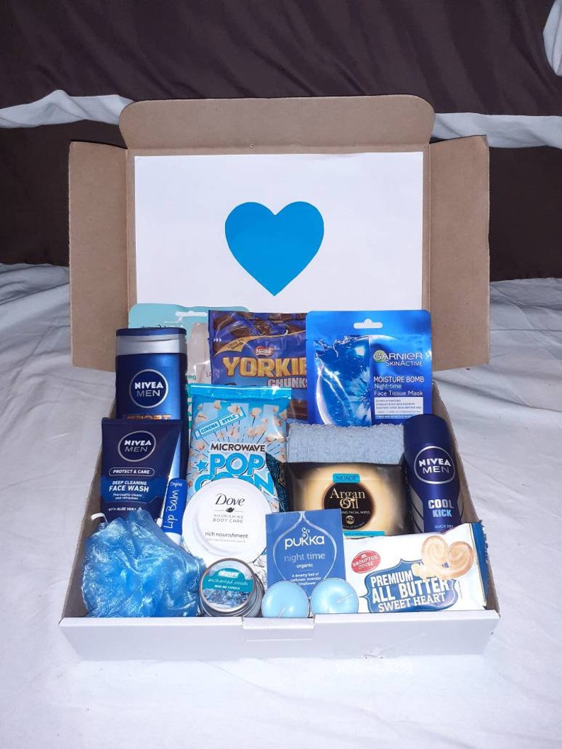 Mens Luxury Blue Relaxing Gift Hamper Father's Day Gift Birthday Pamper Kit Pick Me up Hug In A Box Self-Care Package For Him image 1