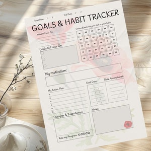 May include: A printable goals and habit tracker with a floral design. The tracker includes sections for goals, motivation, action plan, thoughts and take-aways, notes, and a progress rating.