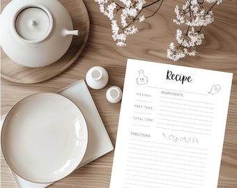 Könnte beinhalten: Druckbare Rezeptkartenvorlage mit Zeilen zum Aufschreiben von Zutaten, Anweisungen, Portionsgröße, Vorbereitungszeit und Gesamtzeit. Die Karte hat eine niedliche Illustration einer Kochmütze und eines herzförmigen Ofenhandschuhs.