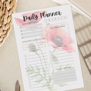 Planificador diario en blanco con lista de tareas pendientes, lista de compras, versículo bíblico diario en formato PDF, tamaño carta imprimible y tamaño A4