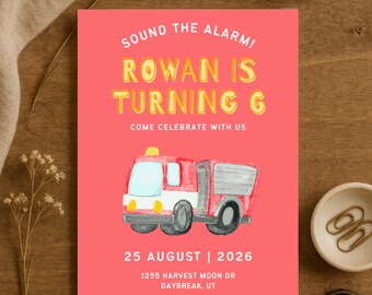 Firefighter Birthday Invitation | Fire Truck Party, Editable Template (PDF)