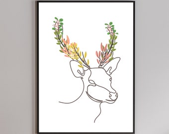 Deer Natural Line Art, Arte murale minimalista, Disegno a una linea, Arte della parete boho, Arte della linea astratta, Arte moderna delle pareti