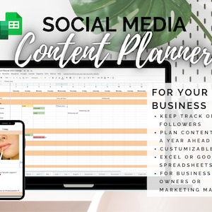 May include: A computer screen displaying a spreadsheet with the title "Content Planner 2021 (Orange)". The spreadsheet is a social media content calendar with columns for each day of the month. The screen is on a white desk with a smartphone next to it. The smartphone is displaying a mock-up of an Instagram post. The text "SOCIAL MEDIA Content Planner" is written in large, white letters above the computer screen. The text "FOR YOUR BUSINESS" is written in black letters below the computer screen. A list of bullet points follows the text "FOR YOUR BUSINESS" with the following text: "KEEP TRACK OF FOLLOWERS", "PLAN CONTENT A YEAR AHEAD", "CUSTOMIZABLE", "EXCEL OR GOOGLE SPREADSHEETS", "FOR BUSINESS OWNERS OR MARKETING MANAGERS".