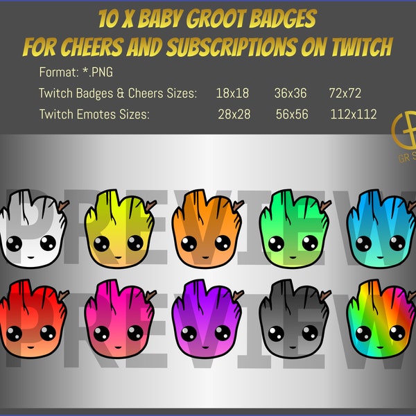 10 x Baby Groot Badges for Cheers and Subscriptions on Twitch. Emotes sizes are available!