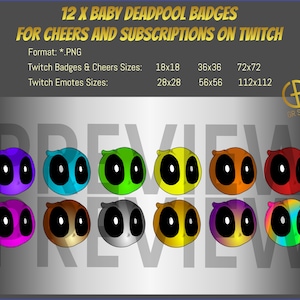 Puede incluir: Doce insignias de dibujos animados de bebé Deadpool de colores en varias poses. Las insignias son de diferentes colores, incluyendo morado, azul, verde, amarillo, naranja y rojo. El texto de la imagen dice "12 X BABY DEADPOOL BADGES FOR CHEERS AND SUBSCRIPTIONS ON TWITCH".