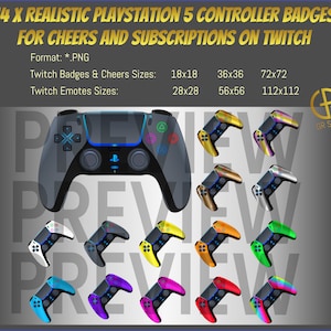 May include: A set of 14 PlayStation 5 controller badges in various colors, including gold, silver, blue, green, red, and purple. The badges are designed for use on Twitch for cheers and subscriptions. The badges are available in three sizes: 18x18, 36x36, and 72x72 pixels.