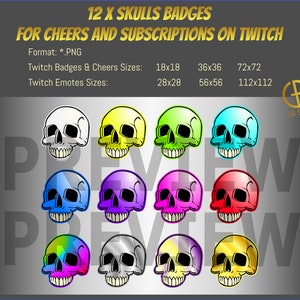 12 x insignias de calaveras para vítores y suscripciones en Twitch. ¡Los tamaños de emoticonos están disponibles!