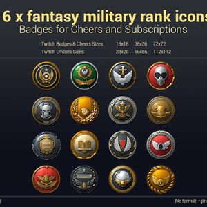 May include: Set of 16 fantasy military rank icons for Twitch badges and emotes. The icons feature shields with various designs, including a skull, a cross, a crown, and a star. The icons are in a circular shape with a gold border.