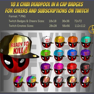 18 x Chibi Deadpool in a Cap Badges voor cheers en abonnementen op Twitch. Emotes maten zijn beschikbaar!