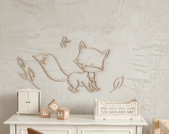 Wooden fox+ butterfly and leaves , wooden wall decoration , Kinderzimmer Dekoration , Wanddekoration , Nursery Animal Decoration