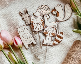 Wooden Cake Topper wildone Happy Birthday Party mini pick animals one year bear roe owl